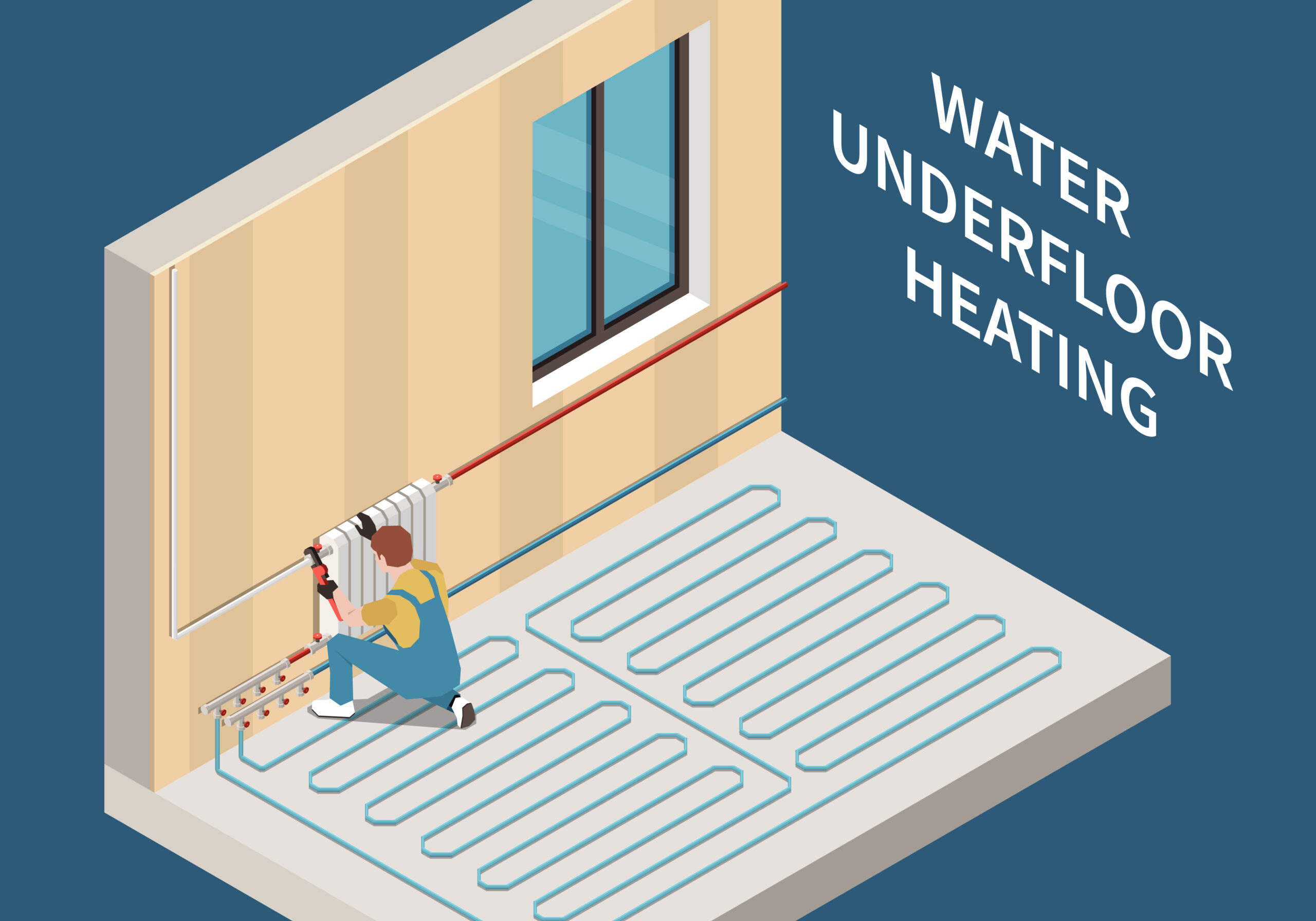 Worker installing water underfloor heating system in house 3d isometric vector illustration